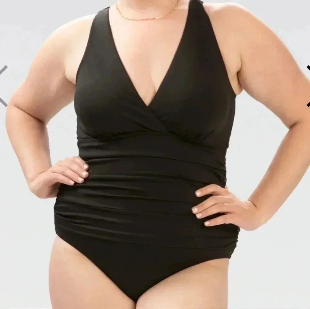 Dolfin Aquashape Swimwear Black Surplice Wrap Front One‎ Piece Size 18